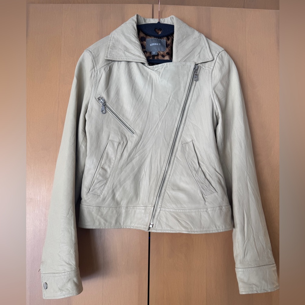 Kenna-T Beige Leather Moto Jacket